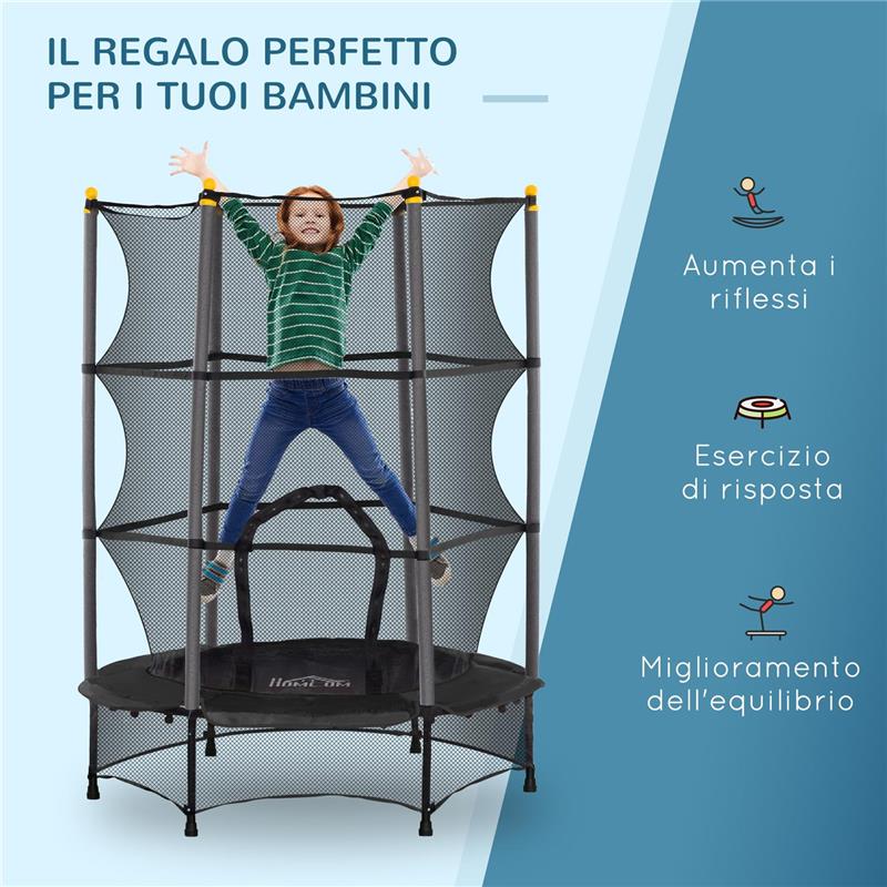 TAPPETO ELASTICO PER BAMBINI CON RETE DI SICUREZZA E PALI IMBOTTITI ETÀ 3-10 ANNI 140 X 190 CM NERO