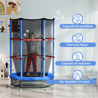 TAPPETO ELASTICO PER BAMBINI 3-6 ANNI CON RETE DI PROTEZIONE 6 COLONNE E 3 INGRESSI Ø 140X190 CM BLU E NERO