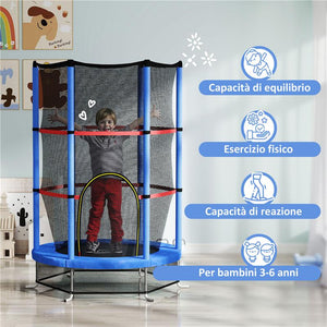 TAPPETO ELASTICO PER BAMBINI 3-6 ANNI CON RETE DI PROTEZIONE 6 COLONNE E 3 INGRESSI Ø 140X190 CM BLU E NERO