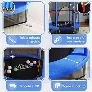 TAPPETO ELASTICO PER BAMBINI 3-6 ANNI CON RETE DI PROTEZIONE 6 COLONNE E 3 INGRESSI Ø 140X190 CM BLU E NERO