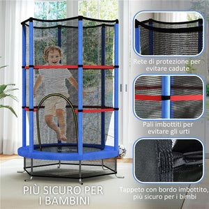 TAPPETO ELASTICO PER BAMBINI 3-6 ANNI CON RETE DI PROTEZIONE 6 COLONNE E 3 INGRESSI Ø 140X190 CM BLU E NERO