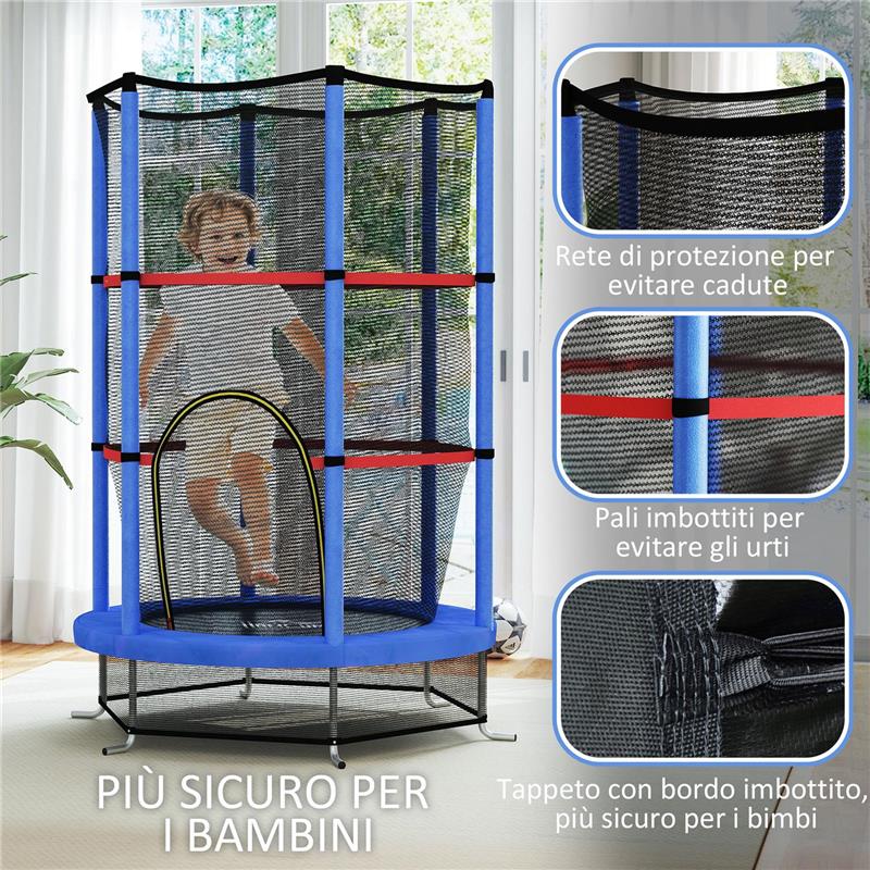 TAPPETO ELASTICO PER BAMBINI 3-6 ANNI CON RETE DI PROTEZIONE 6 COLONNE E 3 INGRESSI Ø 140X190 CM BLU E NERO