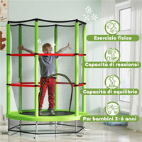 TAPPETO ELASTICO PER BAMBINI 3-6 ANNI CON RETE DI PROTEZIONE 6 COLONNE E 3 INGRESSI Ø 140X190 CM VERDE E NERO
