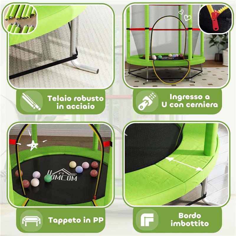 TAPPETO ELASTICO PER BAMBINI 3-6 ANNI CON RETE DI PROTEZIONE 6 COLONNE E 3 INGRESSI Ø 140X190 CM VERDE E NERO