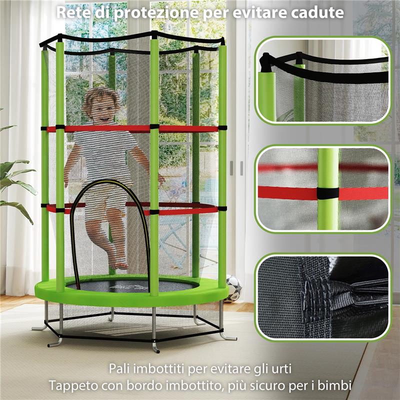 TAPPETO ELASTICO PER BAMBINI 3-6 ANNI CON RETE DI PROTEZIONE 6 COLONNE E 3 INGRESSI Ø 140X190 CM VERDE E NERO