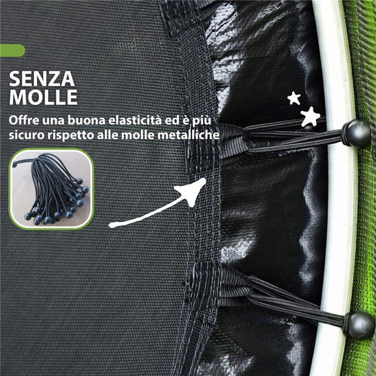 TAPPETO ELASTICO PER BAMBINI 3-6 ANNI CON RETE DI PROTEZIONE 6 COLONNE E 3 INGRESSI Ø 140X190 CM VERDE E NERO