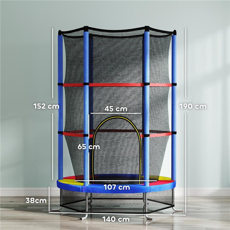 TAPPETO ELASTICO PER BAMBINI 3-6 ANNI CON RETE DI PROTEZIONE 6 COLONNE E 3 INGRESSI Ø 140X190 CM MULTICOLORE