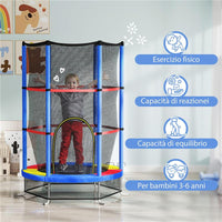TAPPETO ELASTICO PER BAMBINI 3-6 ANNI CON RETE DI PROTEZIONE 6 COLONNE E 3 INGRESSI Ø 140X190 CM MULTICOLORE