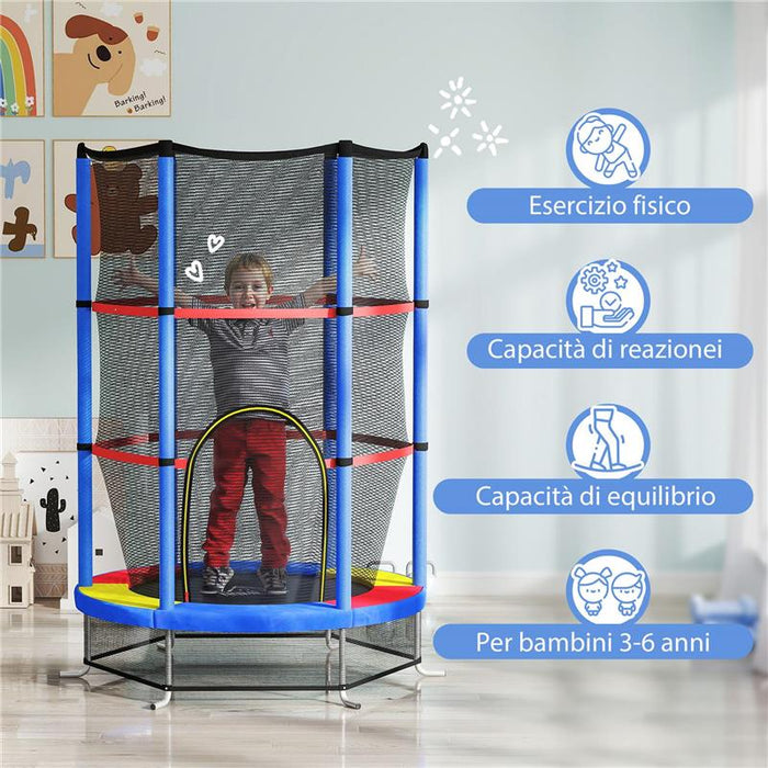 TAPPETO ELASTICO PER BAMBINI 3-6 ANNI CON RETE DI PROTEZIONE 6 COLONNE E 3 INGRESSI Ø 140X190 CM MULTICOLORE