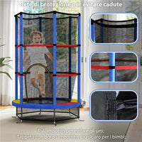 TAPPETO ELASTICO PER BAMBINI 3-6 ANNI CON RETE DI PROTEZIONE 6 COLONNE E 3 INGRESSI Ø 140X190 CM MULTICOLORE