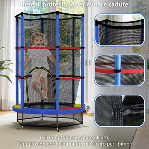 TAPPETO ELASTICO PER BAMBINI 3-6 ANNI CON RETE DI PROTEZIONE 6 COLONNE E 3 INGRESSI Ø 140X190 CM MULTICOLORE