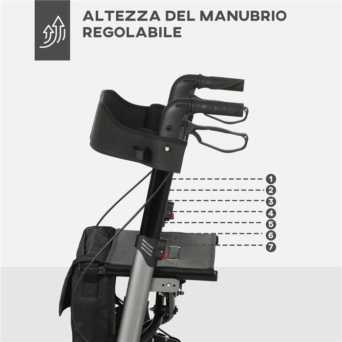 DEAMBULATORE PIEGHEVOLE IN ALLUMINO AD ALTEZZA REGOLABILE CON BORSA 67X65X79.5-94 CM NERO E ARGENTO