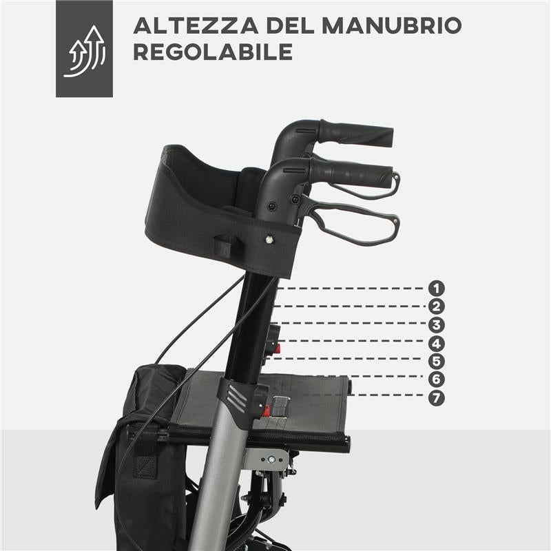 DEAMBULATORE PIEGHEVOLE IN ALLUMINO AD ALTEZZA REGOLABILE CON BORSA 67X65X79.5-94 CM NERO E ARGENTO