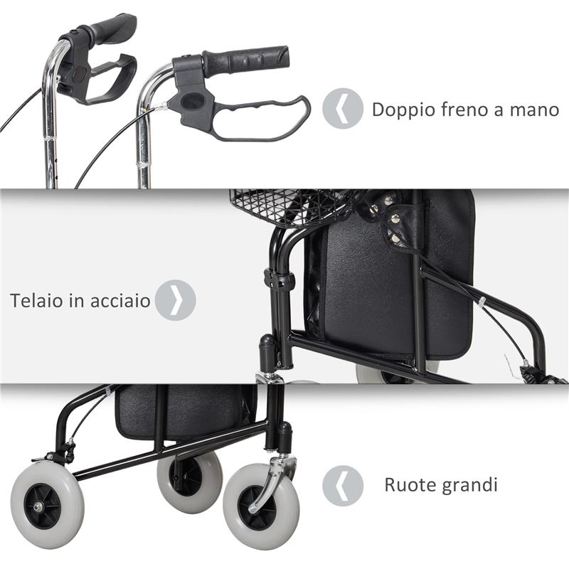 DEAMBULATORE PER ANZIANI E DISABILI AD ALTEZZA REGOLABILE CON CESTINO E VASSOIO 60X62X84-100.5 CM NERO