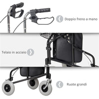 DEAMBULATORE PER ANZIANI E DISABILI AD ALTEZZA REGOLABILE CON CESTINO E VASSOIO 60X62X84-100.5 CM NERO