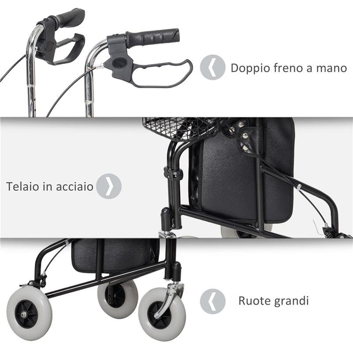 DEAMBULATORE PER ANZIANI E DISABILI AD ALTEZZA REGOLABILE CON CESTINO E VASSOIO 60X62X84-100.5 CM NERO