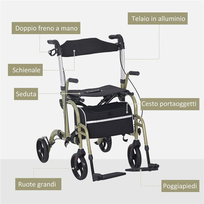 DEAMBULATORE PIEGHEVOLE CON POGGIAPIEDI E BORSA IN ALLUMINIO PP E POLIESTERE 59X104X88-101 CM GIALLO E VERDE