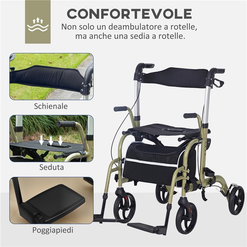 DEAMBULATORE PIEGHEVOLE CON POGGIAPIEDI E BORSA IN ALLUMINIO PP E POLIESTERE 59X104X88-101 CM GIALLO E VERDE