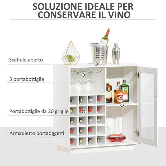 MOBILETTO PORTABOTTIGLIE VINI CON PORTA CALICI E ARMADIETTO CAPACITÀ 20 BOTTIGLIE 80X36X85 CM BIANCO