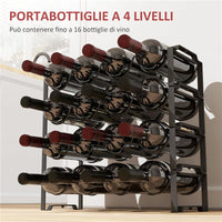 PORTABOTTIGLIE A 4 LIVELLI A ONDA IMPILABILI PER 16 BOTTIGLIE IN METALLO 42.5X16.5X41 CM NERO