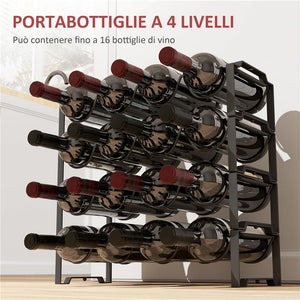 PORTABOTTIGLIE A 4 LIVELLI A ONDA IMPILABILI PER 16 BOTTIGLIE IN METALLO 42.5X16.5X41 CM NERO