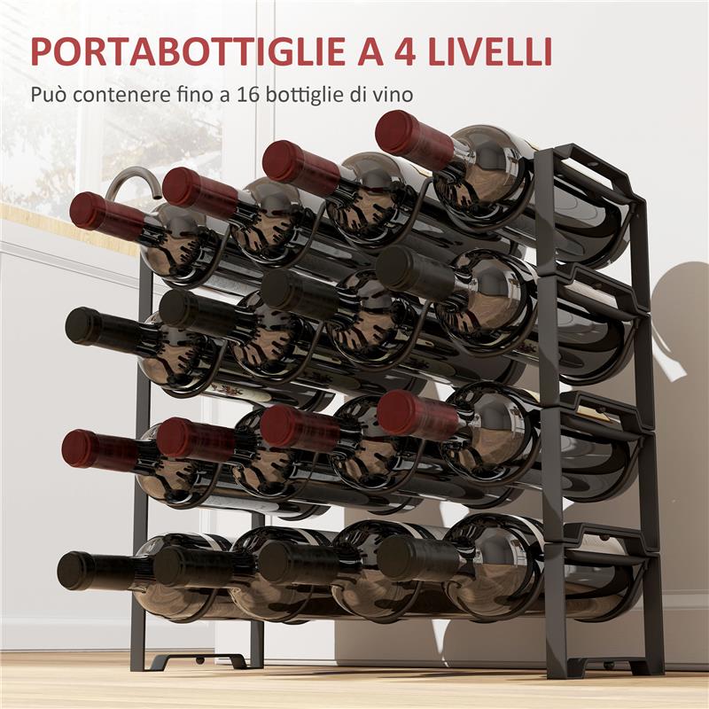 PORTABOTTIGLIE A 4 LIVELLI A ONDA IMPILABILI PER 16 BOTTIGLIE IN METALLO 42.5X16.5X41 CM NERO