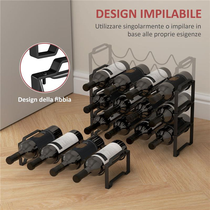 PORTABOTTIGLIE A 4 LIVELLI A ONDA IMPILABILI PER 16 BOTTIGLIE IN METALLO 42.5X16.5X41 CM NERO