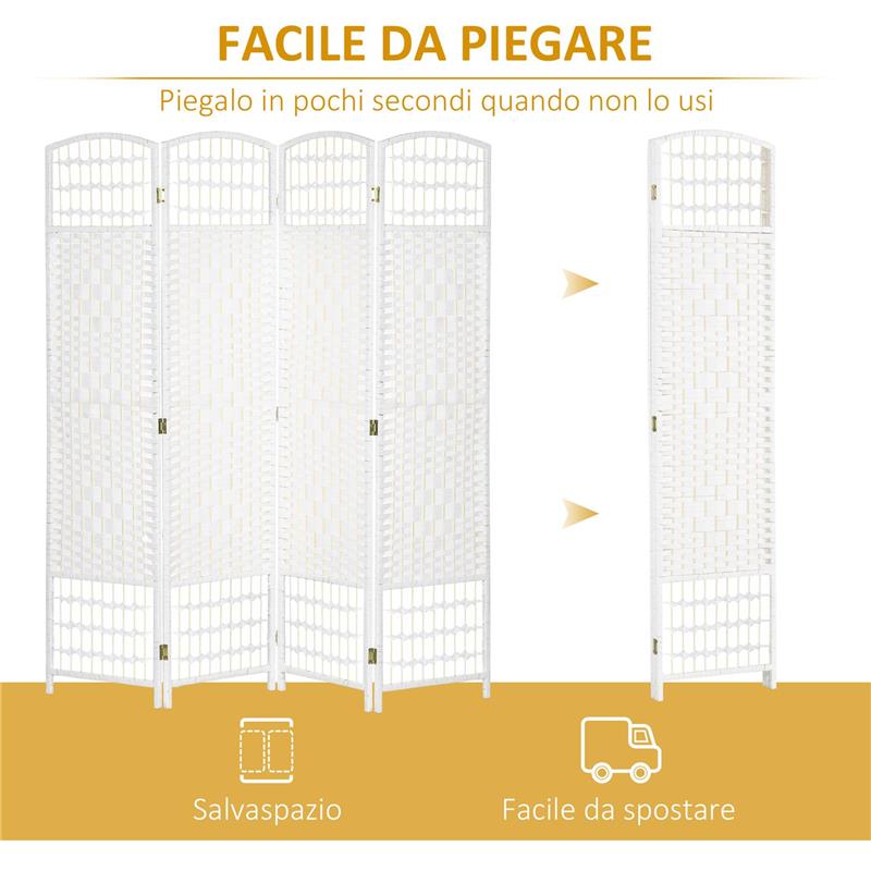 PARAVENTO A 4 ANTE PIEGHEVOLE PER INTERNI, AUTOPORTANTE E INTRECCIATO 160X170 CM BIANCO