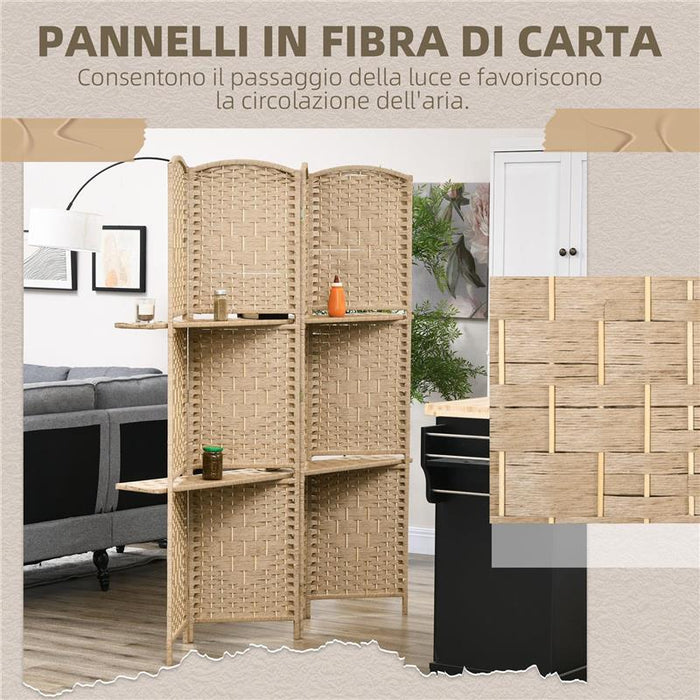 PARAVENTO DA INTERNO A 4 PANNELLI PIEGHEVOLE CON MENSOLE 160X170 CM COLORE NATURALE