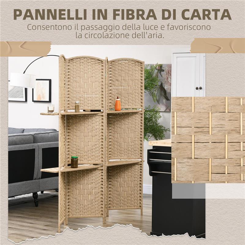PARAVENTO DA INTERNO A 4 PANNELLI PIEGHEVOLE CON MENSOLE 160X170 CM COLORE NATURALE