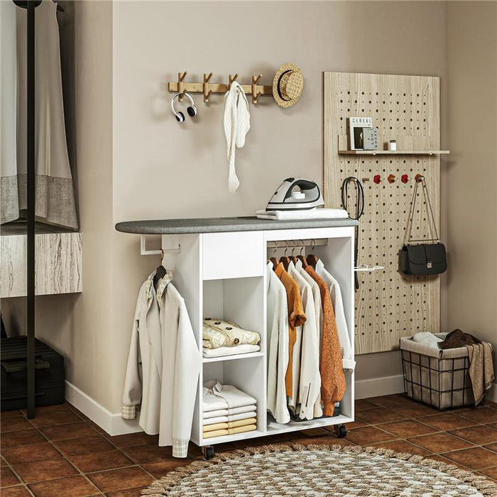 MOBILE ASSE DA STIRO CON RUOTE E PORTA FERRO BARRA PER ABITI CASSETTO E RIPIANI 125X43.5X112 CM BIANCO