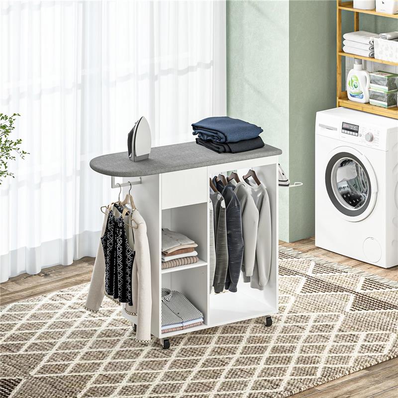 MOBILE ASSE DA STIRO CON RUOTE E PORTA FERRO BARRA PER ABITI CASSETTO E RIPIANI 125X43.5X112 CM BIANCO