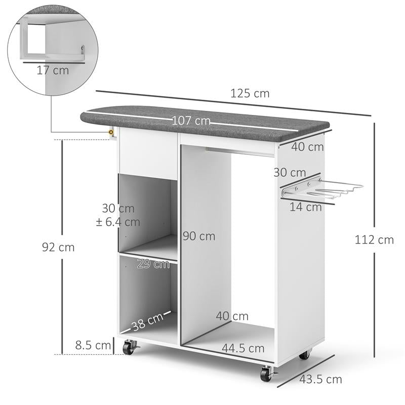 MOBILE ASSE DA STIRO CON RUOTE E PORTA FERRO BARRA PER ABITI CASSETTO E RIPIANI 125X43.5X112 CM BIANCO