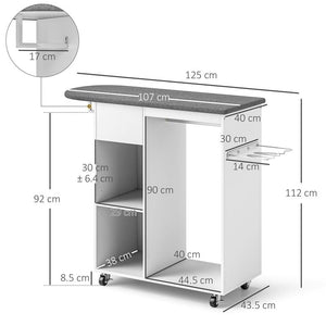 MOBILE ASSE DA STIRO CON RUOTE E PORTA FERRO BARRA PER ABITI CASSETTO E RIPIANI 125X43.5X112 CM BIANCO