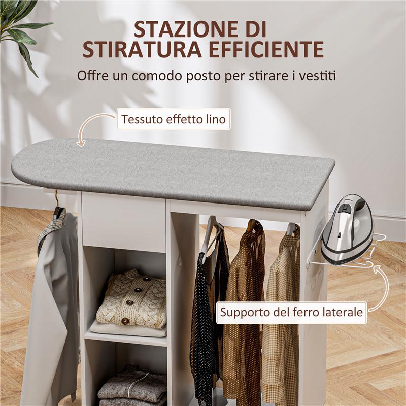 MOBILE ASSE DA STIRO CON RUOTE E PORTA FERRO BARRA PER ABITI CASSETTO E RIPIANI 125X43.5X112 CM BIANCO