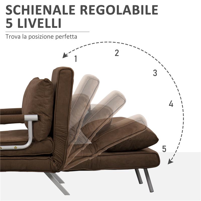POLTRONA LETTO MODERNA 2 IN 1 CON SCHIENALE RECLINABILE SU 5 POSIZIONI E CUSCINO 65X69X80 CM MARRONE