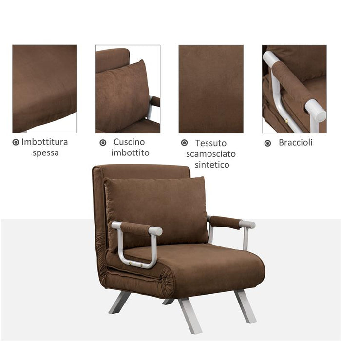 POLTRONA LETTO MODERNA 2 IN 1 CON SCHIENALE RECLINABILE SU 5 POSIZIONI E CUSCINO 65X69X80 CM MARRONE