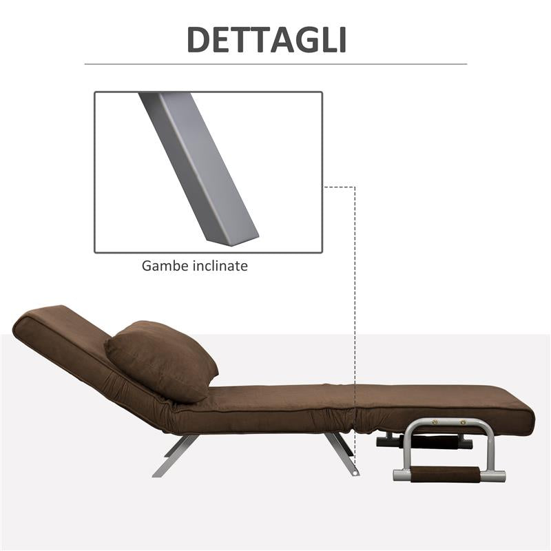 POLTRONA LETTO MODERNA 2 IN 1 CON SCHIENALE RECLINABILE SU 5 POSIZIONI E CUSCINO 65X69X80 CM MARRONE
