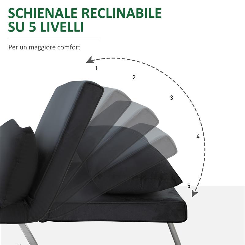 POLTRONA LETTO MODERNA 2 IN 1 CON SCHIENALE RECLINABILE SU 5 POSIZIONI E CUSCINO 65X69X80 CM NERO