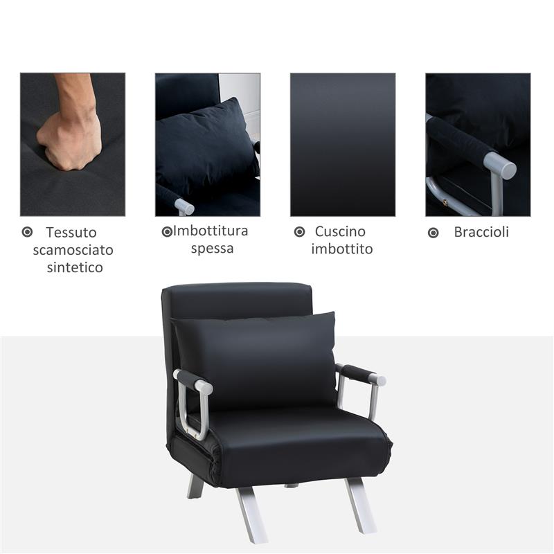 POLTRONA LETTO MODERNA 2 IN 1 CON SCHIENALE RECLINABILE SU 5 POSIZIONI E CUSCINO 65X69X80 CM NERO