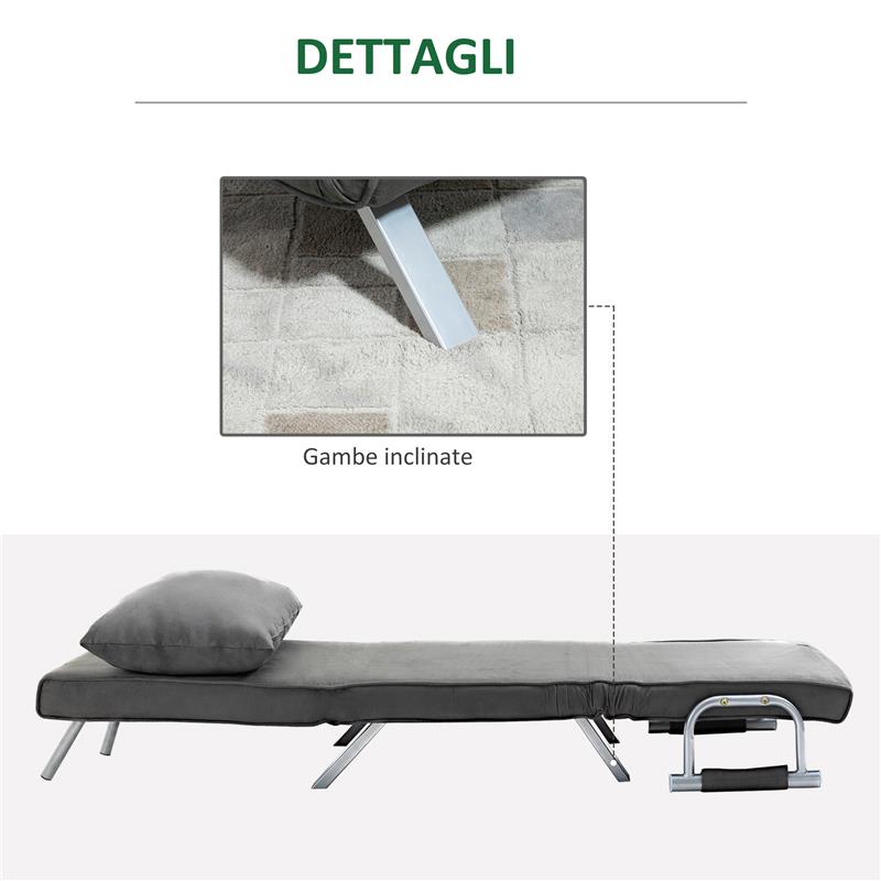 POLTRONA LETTO MODERNA 2 IN 1 CON SCHIENALE RECLINABILE SU 5 POSIZIONI E CUSCINO 65X69X80 CM NERO