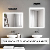 SPECCHIO BAGNO CON LUCI LED REGOLABILI CONTROLLO TOUCH E ANTIAPPANNAMENTO 70X50 CM