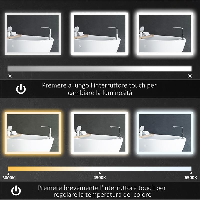SPECCHIO BAGNO CON LUCI LED REGOLABILI CONTROLLO TOUCH E ANTIAPPANNAMENTO 70X50 CM