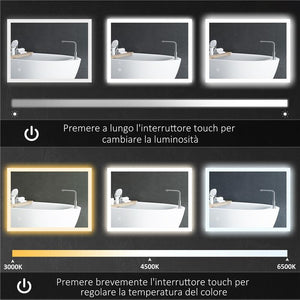 SPECCHIO BAGNO CON LUCI LED REGOLABILI CONTROLLO TOUCH E ANTIAPPANNAMENTO 70X50 CM