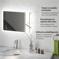 SPECCHIO BAGNO CON LUCI LED REGOLABILI CONTROLLO TOUCH E ANTIAPPANNAMENTO 70X50 CM