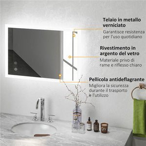 SPECCHIO BAGNO CON LUCI LED REGOLABILI CONTROLLO TOUCH E ANTIAPPANNAMENTO 70X50 CM