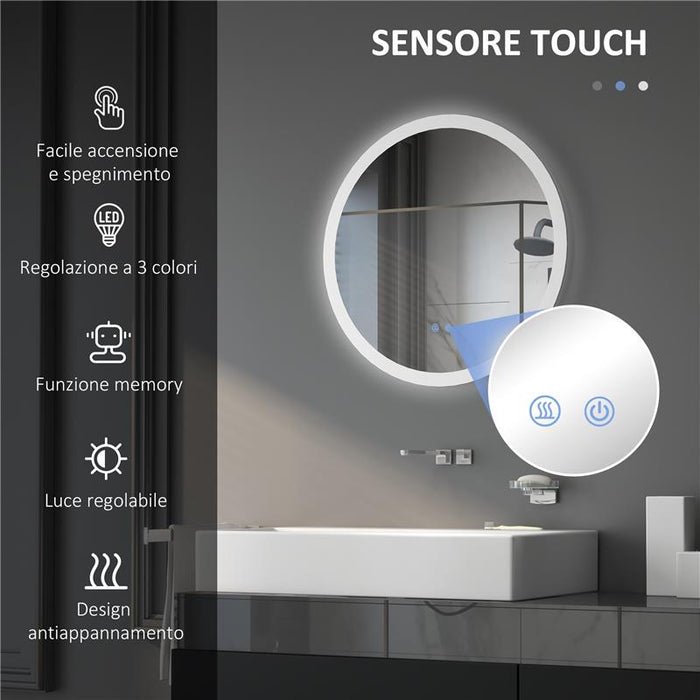 SPECCHIO BAGNO CON LUCI LED REGOLABILI CONTROLLO TOUCH E DESIGN ANTIAPPANNAMENTO Ø 60 CM