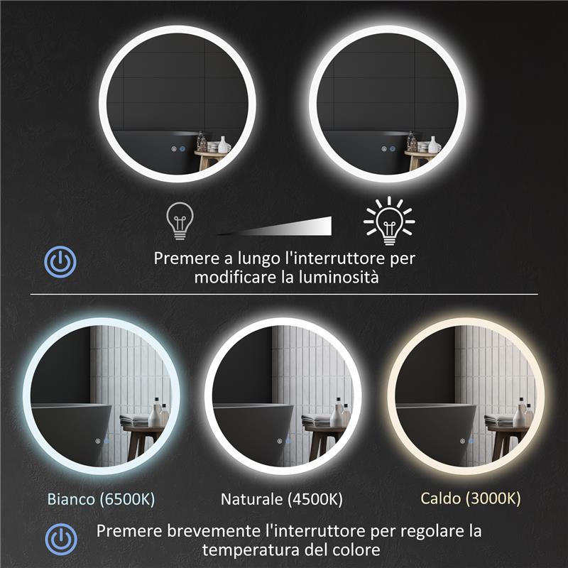SPECCHIO BAGNO CON LUCI LED REGOLABILI CONTROLLO TOUCH E DESIGN ANTIAPPANNAMENTO Ø 60 CM