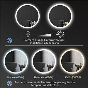 SPECCHIO BAGNO CON LUCI LED REGOLABILI CONTROLLO TOUCH E DESIGN ANTIAPPANNAMENTO Ø 60 CM