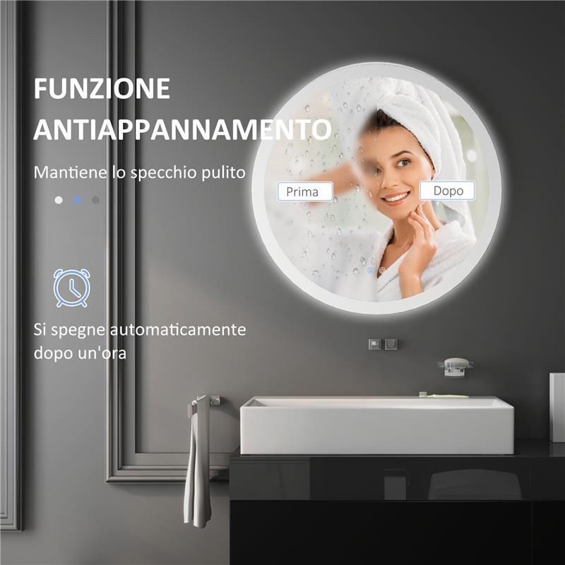 SPECCHIO BAGNO CON LUCI LED REGOLABILI CONTROLLO TOUCH E DESIGN ANTIAPPANNAMENTO Ø 60 CM